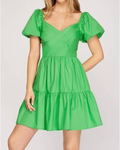 She + Sky Puff Sleeve Dress - Green