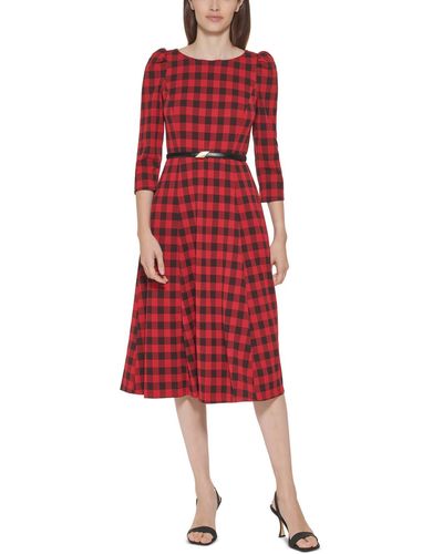 Calvin Klein Buffalo Check Belted A-line Dress - Red