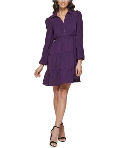 Kensie Tiered Puff Sleeve Shift Dress - Purple