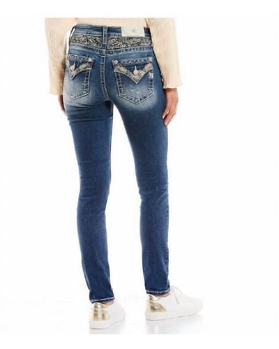 Miss Me Mid Rise Embroidered Tropical Leaves Flap Pocket Skinny Jean - Blue