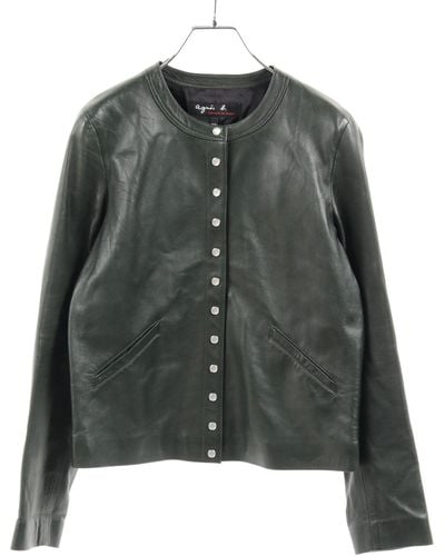 agnès b. No-collar Jacket Leather Dark Green