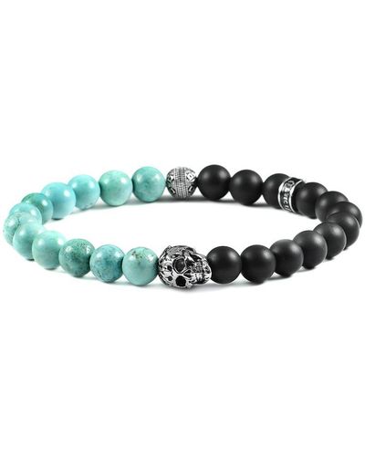 Crucible Jewelry Crucible Los Angeles Single Skull Stretch Bracelet With 8mm Matte Black Onyx And Genuine Turquoise Onyx Beads - Green