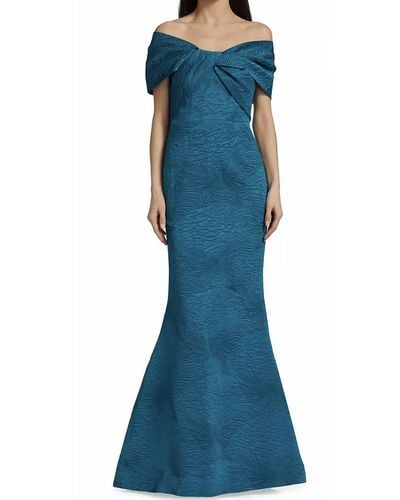 Teri Jon Off Shoulder Bow Bodice Jacquard Mermaid Gown - Blue