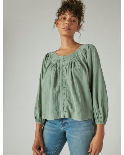 Lucky Brand Embroidered Peasant Blouse - Green