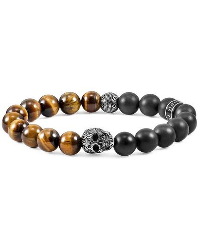Crucible Jewelry Crucible Los Angeles Single Gold Skull Stretch Bracelet With 10mm Matte Onyx And Tiger Eye Beads - Black