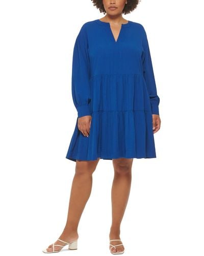 Calvin Klein Plus Tiered Rayon Fit & Flare Dress - Blue