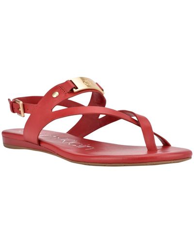 Calvin Klein Sadra Leather Thong Flat Sandals - Red