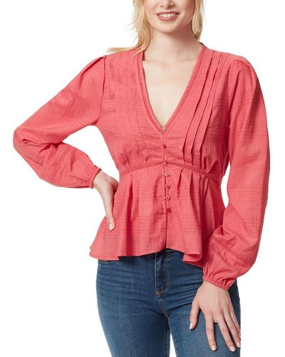 Jessica Simpson Pleated Plunge-neck Button-down Top - Red
