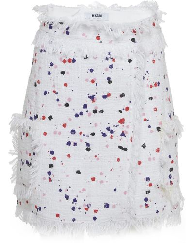 MSGM Fringed Paint-splatter Skirt - White