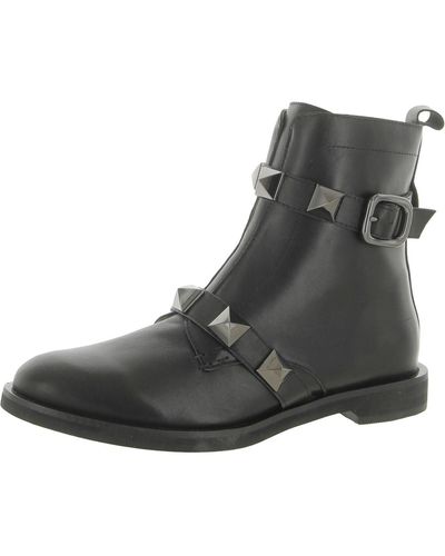 All Black Pyramid Stud Leather Upper Casual Ankle Boots - Black