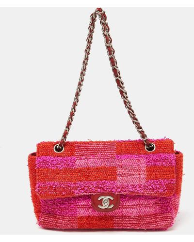 Chanel Color Tweed Medium Classic Single Flap Bag - Red