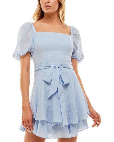 B Darlin Textured Puff Sleeve Mini Dress - Blue