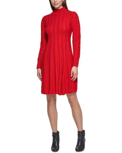 Jessica Howard Petites Mock Neck Cable Knit Sweaterdress - Red
