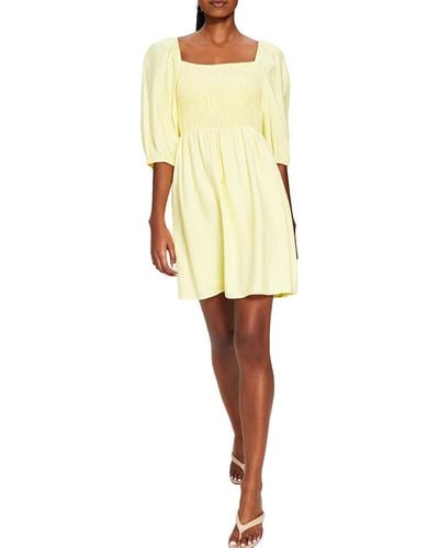 BarIII Smocked Square Neckline Fit & Flare Dress - Yellow