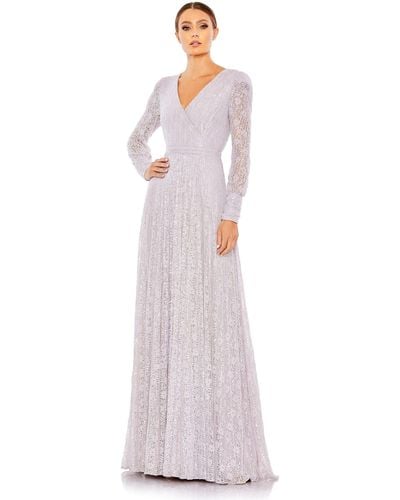 Mac Duggal Beaded Lace Long Sleeve Wrap Over Gown - Purple