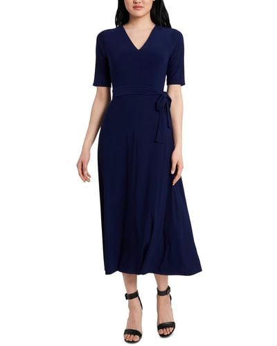 Msk V-neck Elbow Sleeve Midi Dress - Blue