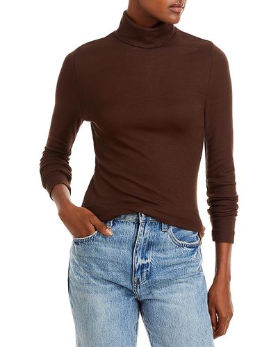 Three Dots Jersey Ribbed Turtleneck Top - Brown