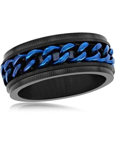 Black Jack Jewelry Stainless Steel Black W/ Cuban Link Ring - Blue