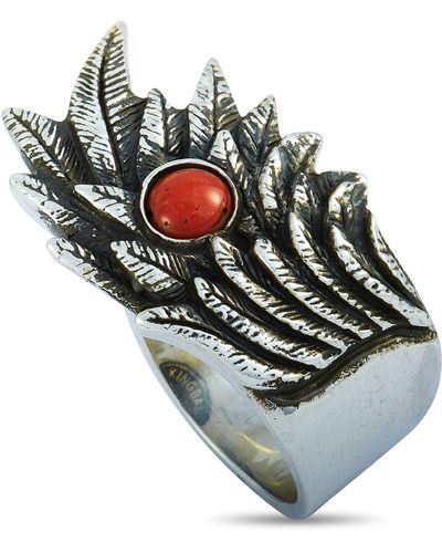 King Baby Studio Raven Wing Sterling And Coral Cabochon Ring - Metallic