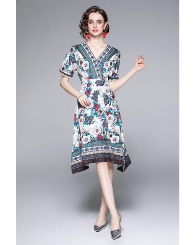 Kaimilan Color Day A-line V-neck Short Sleeve Knee Printed Dress - Gray