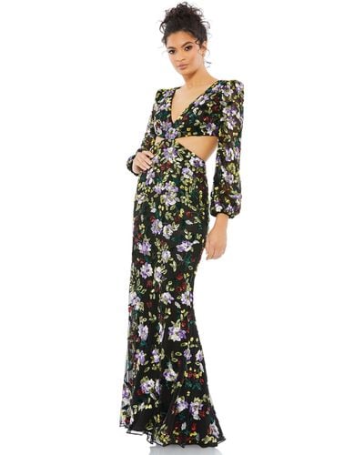 Mac Duggal Floral Embellished Long Sleeve Cut Out Gown - Multicolor