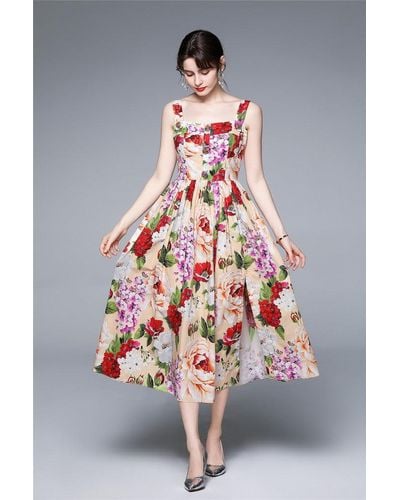 Kaimilan Color Day A-line Off The Shoulder Strap Midi Floral Dress - Multicolor