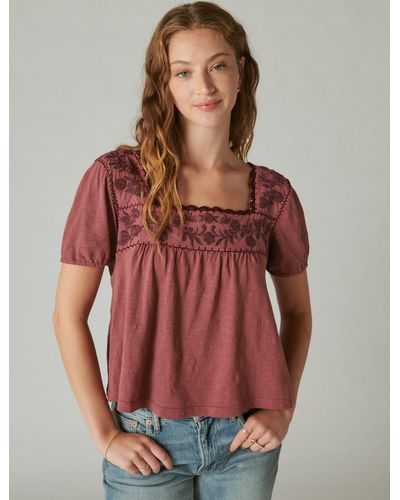 Lucky Brand Overdyed Embroide Peasant Top - Red