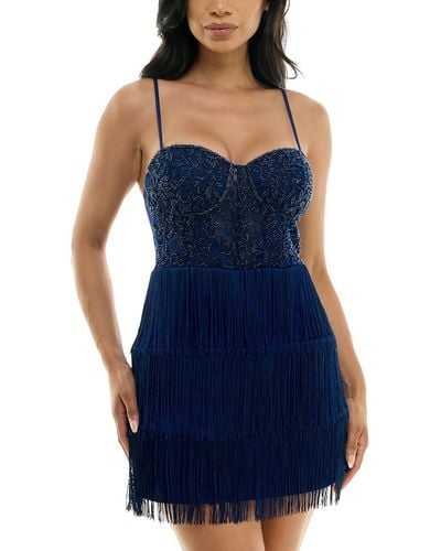 B Darlin Juniors Fringe Mesh Cocktail And Party Dress - Blue