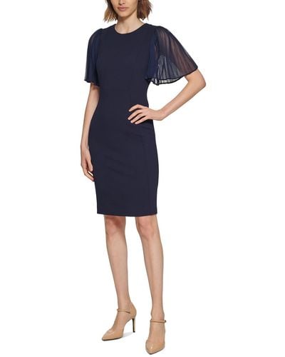 Calvin Klein Pleated Sleeves Round Neck Sheath Dress - Blue