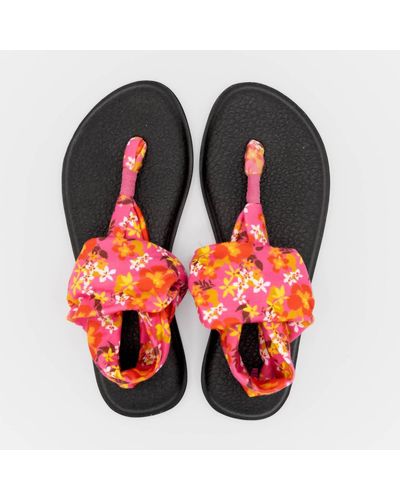 Sanuk Yoga Sling 2 Floral Flip Flop Thong Sandals - Red