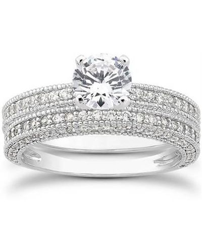 Pompeii3 7/8ct Heirloom Milgrained Diamond Engagement Wedding Ring Set - Metallic