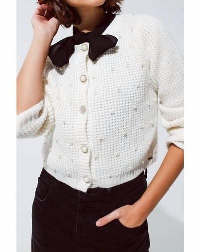 Q2 Waffle Knit Cardigan With Pearls - White