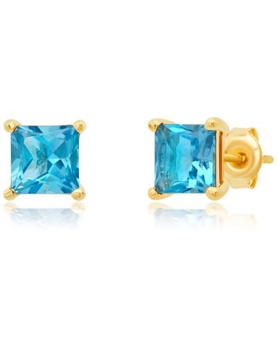 Paige Novick 14k Yellow Gold 6mm Princess Cut Gemstone Stud Earrings - Blue