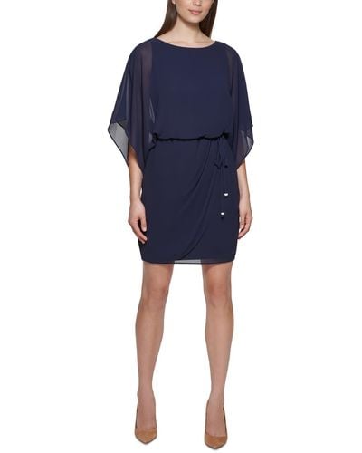 Jessica Howard Petites Chiffon Cape-sleeves Cocktail And Party Dress - Blue