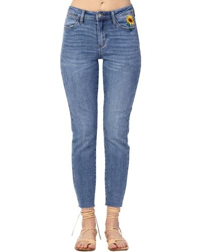 Judy Blue Sunflower Embroidered Relaxed Fit Jean - Blue