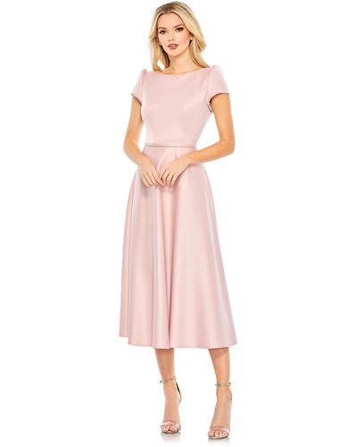 Ieena for Mac Duggal Satin Puff Shoulder Tea Length Dress - Pink