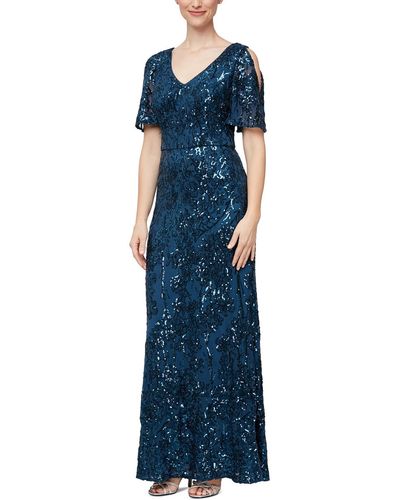 Alex Evenings Embroidered Sequined Formal Dress - Blue