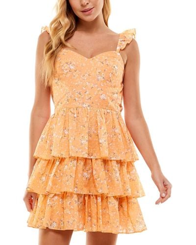 City Studios Juniors Floral Tiered Fit & Flare Dress - Orange