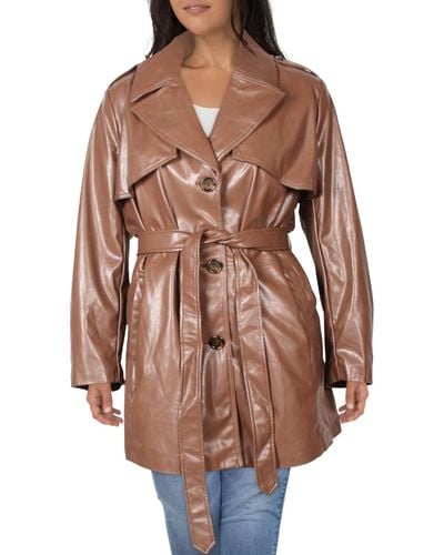 Sam Edelman Plus Faux Leather Cold Weather Trench Coat - Brown