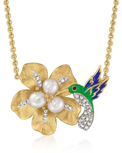 Ross-Simons 3.5-4mm Cultured Pearl And . Diamond Hummingbird And Flower Necklace - Metallic