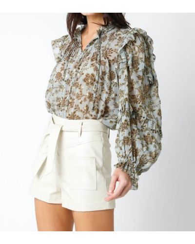 Olivaceous Ruffle Blouse In Sage Gold - White