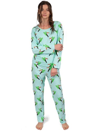 Leveret Two Piece Cotton Loose Fit Pajamas Toucan Bird - Green