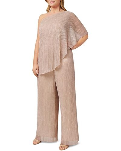 Adrianna Papell Plus Metallic One Shoulder Jumpsuit - Natural