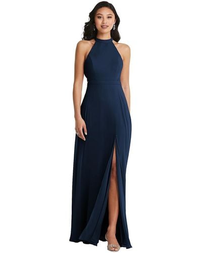 Dessy Collection Stand Collar Halter Maxi Dress With Criss Cross Open-back - Blue