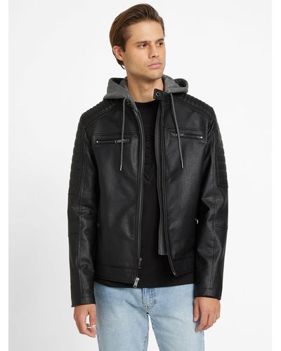 Guess Factory David Faux-leather Hooded Jacket - Black