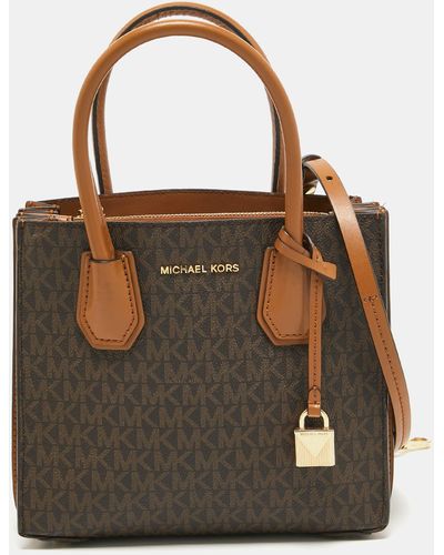 Michael Kors Two Tone Signature Coated Canvas Small Mercer Tote - Brown