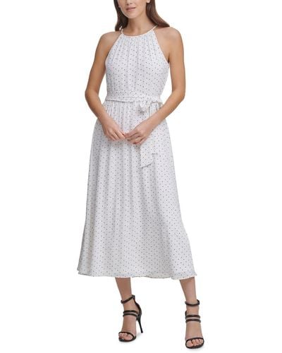 DKNY Polka Dot Tea Length Fit & Flare Dress - White