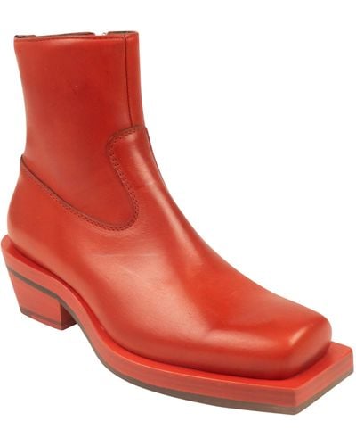 Ion Stained Leather Square Ankle Boots - Red