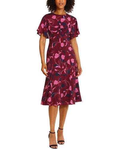Maggy London Floral Ruched Midi Dress - Red