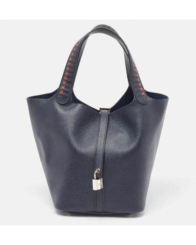 Hermès Bleu Indigo/noir/terre Battue Epsom Leather Picotin Lock Tressage 22 Bag - Blue